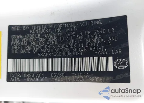 2017 Lexus Es 350 z USA, uszkodzony, nr VIN 58ABK1GG0HU063023